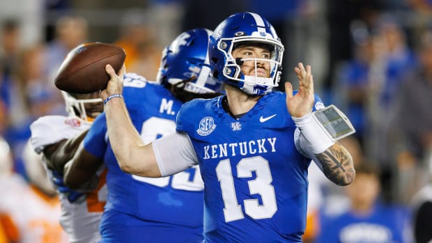 Oct 28, 2023; Lexington, Kentucky, USA; Kentucky Wildcats quarterback Devin Leary (13) passes during the second quarter against the Tennessee Volunteers at Kroger Field. Mandatory Credit: Jordan Prather-USA TODAY Sports